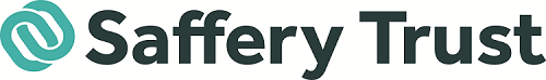 Saffery Trust logo, featuring a stylised teal carabiner icon, followed by the text 'Saffery Trust' in dark teal, modern sans-serif font
